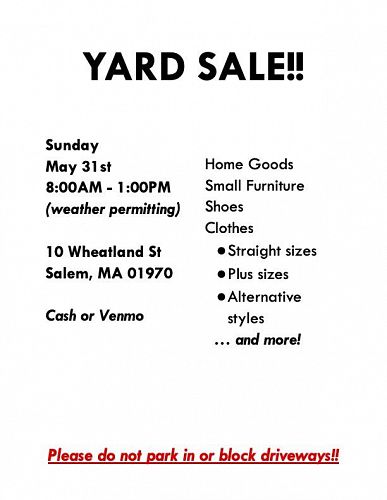 Yard Sale TOMORROW 5/31/26, 8AM-1PM photo